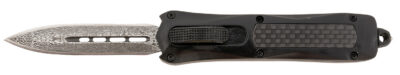 Steel River Knives MA163BDD Spartan  Mini 2.70″ OTF Dagger Plain Damascus 440C SS Blade/ Black w/Carbon Fiber Inlay Aluminum Zinc Alloy Handle
