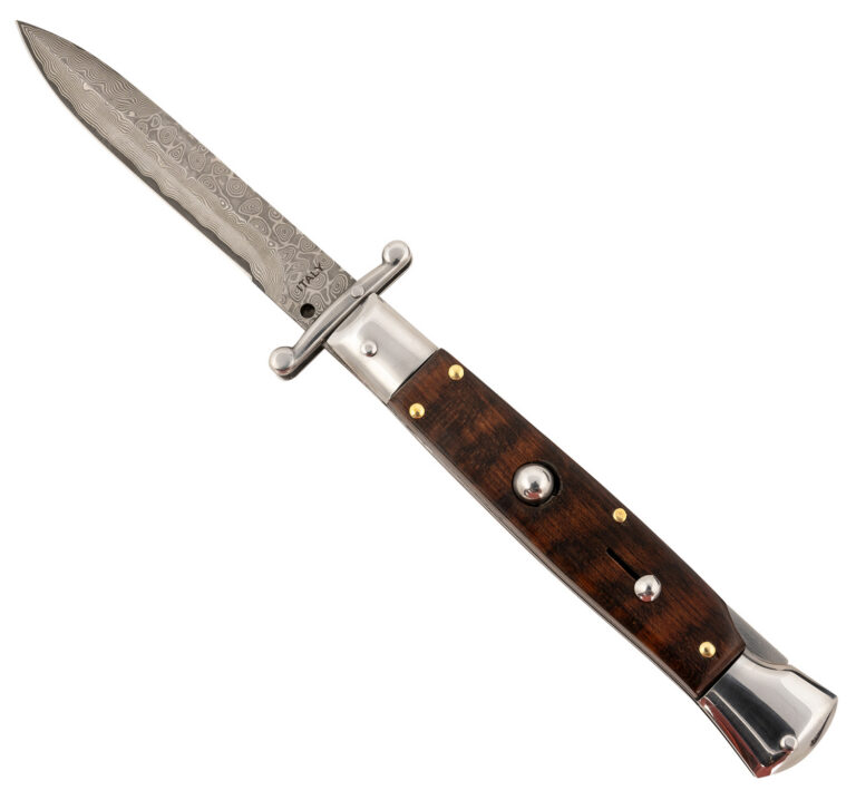 Steel River Knives SGSWRDAM Spartan 3.9″ Italian Bayonet Damascus 5.1″ Snakewood Buffalo Horn Handle Side Open Steel River Knives SGSWRDAM Spartan 3.9″ Italian Bayonet Damascus 5.1″ Snakewood Buffalo Horn Handle Side Open