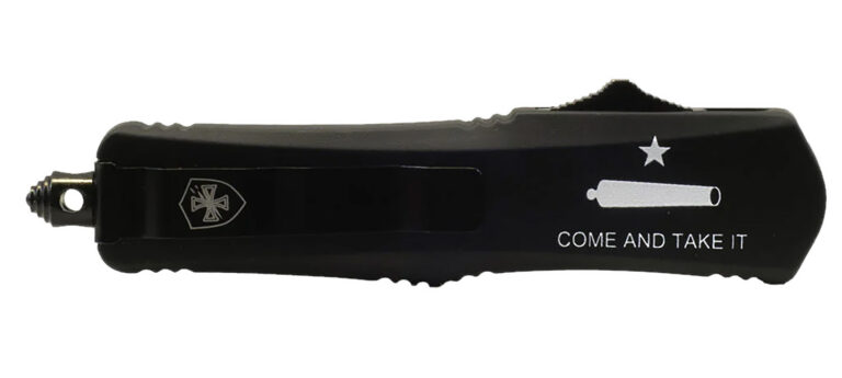 Templar Knife LCATII531 Gen II Come And Take It Small 2.69″ OTF Tanto Part Serrated Black Oxide 440C SS Blade, 4.31″ Black “Come And Take It” w/Cannon Aluminum Handle, Glass Breaker