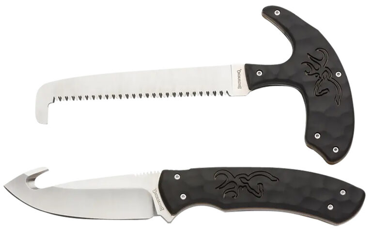 Browning 3220420 Primal Combo 3.75″/5.25″ Fixed Drop Point Gut Hook/Skinner, Saw 8Cr13MoV SS Blade, Black Polymer w/Rubber Overmold & Finger Grooves Handle, 2 Piece Set, Includes Sheath Browning 3220420 Primal Combo 3.75″/5.25″ Fixed Drop Point Gut Hook/Skinner, Saw 8Cr13MoV SS Blade, Black Polymer w/Rubber Overmold & Finger Grooves Handle, 2 Piece Set, Includes Sheath