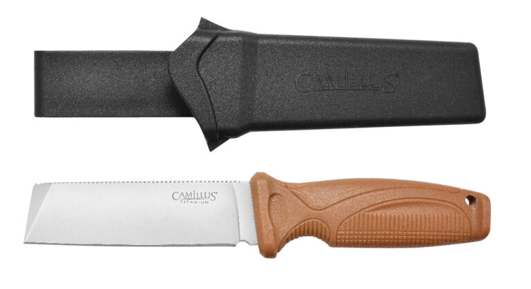 Camillus 19627 Swedge  4.30″ Fixed Plain Silver 420 Steel Titanium Bonded Blade, Textured Tan ABS Handle, Includes Sheath