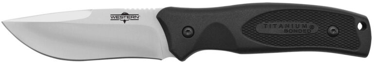 Camillus 19232 Western Black River 3.75″ Fixed Drop Point Plain Satin 420 Steel Titanium Bonded Blade, Black Rubber Handle, Includes Sheath Camillus 19232 Western Black River 3.75″ Fixed Drop Point Plain Satin 420 Steel Titanium Bonded Blade, Black Rubber Handle, Includes Sheath