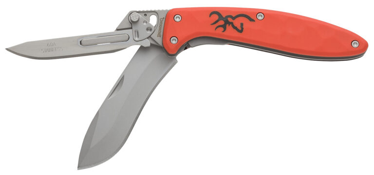 Browning 3220462 Primal Scalpel 2 2.75″ Folding Drop Point/Scalpel Plain Blaze Orange 8Cr13MoV SS Blade, Blaze Orange Polymer w/Rubber Overmold Handle Browning 3220462 Primal Scalpel 2 2.75″ Folding Drop Point/Scalpel Plain Blaze Orange 8Cr13MoV SS Blade, Blaze Orange Polymer w/Rubber Overmold Handle