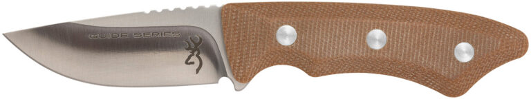 Browning 3220498B Guide Series  Small 3″ Fixed Drop Point Plain Brown Satin Sandvik 14C28N SS Blade, Brown Micarta Handle