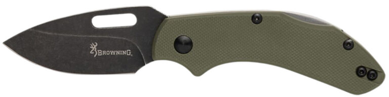 Browning 3220504 Hidden Hollow  EDC Small 2.25″ Folding Drop Point Plain Black Oxide Stonewashed D2 Steel Blade, OD Green G10 Handle