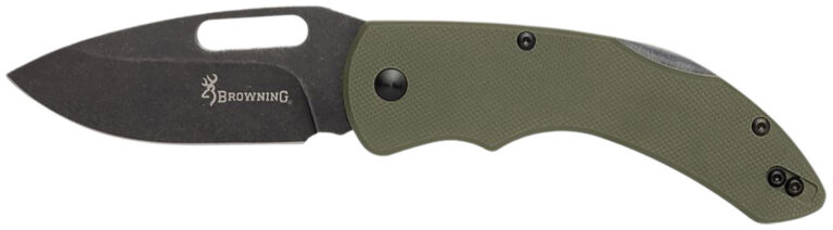 Browning 3220506B Hidden Hollow  EDC Large 3″ Folding Drop Point Plain Black Oxide Stonewashed D2 Steel Blade, OD Green G10 Handle