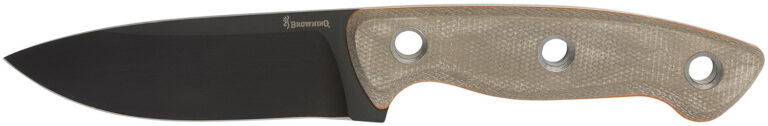 Browning 3220508B Desolation  Small 3.75″ Fixed Modified Drop Point Plain Black Powder Coated 440C SS Blade, Tan Micarta Laminate Handle