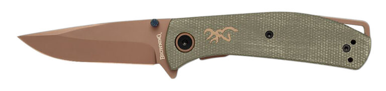 Browning 3220516B Trailside  EDC Small 3″ Folding Modified Drop Point Plain Titanium Finish D2 Steel Blade, Green Micarta Handle, Boxed Pkg