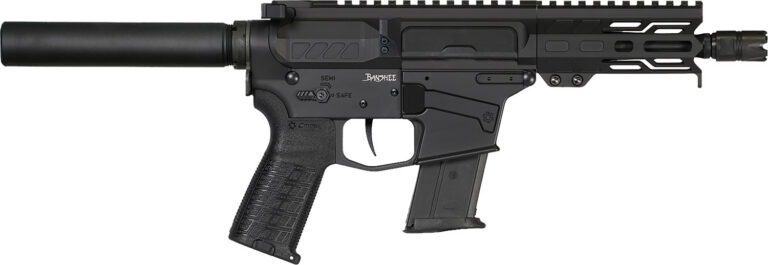 CMMG 57A9A0FAB Banshee MK57 5.7x28mm 20+1 5″ Black Nitride Medium Taper Threaded Barrel, M-LOK Handguard, Black Armor Cerakote Aluminum Receiver w/Picatinny Rail, Black Pistol Tube, CMMG Zeroed Grip