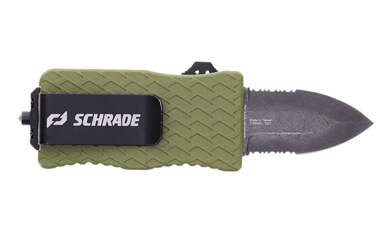 Schrade 1159306 Uproar Tactical Mini 1.90″ Serrated Dagger Satin D2 Steel Blade OD Green Aluminum Handle