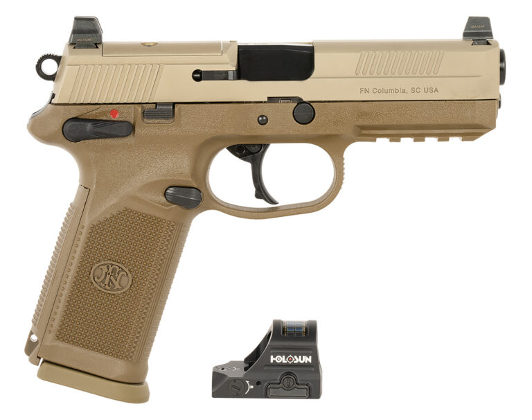 FN 66102272 FNX w/Optic 45 ACP 10rd 5.30″ Black Steel Barrel, Flat Dark Earth Optic Ready/Serrated Stainless Steel Slide & Polymer Frame w/Picatinny Rail, Holosun 407C Red Dot, 5 Mags, Ambidextrous FN 66102272 FNX w/Optic 45 ACP 10rd 5.30″ Black Steel Barrel, Flat Dark Earth Optic Ready/Serrated Stainless Steel Slide & Polymer Frame w/Picatinny Rail, Holosun 407C Red Dot, 5 Mags, Ambidextrous