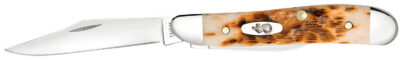 Case 00045 Peanut  2.10″/1.53″ Folding Clip Point/Pen Plain Mirror Polished Tru-Sharp SS Blade, Peach Seed Jigged Amber Jigged Bone Handle