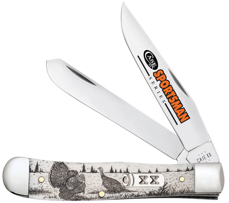 Case 81221 Trapper Sportsman Folding Clip Point/Spey Plain Mirror Polished Tru-Sharp SS Blade/Turkey Embellished Natural Bone Handle Case 81221 Trapper Sportsman Folding Clip Point/Spey Plain Mirror Polished Tru-Sharp SS Blade/Turkey Embellished Natural Bone Handle