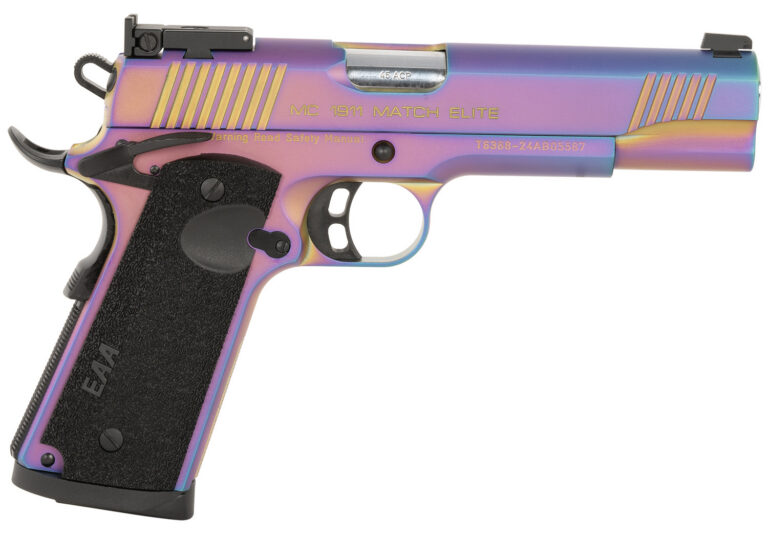Girsan 391091 MC1911  Full Size Frame 45 ACP 8+1 5″ Stainless Bull Barrel, Multi Color PVD Coating Serrated Steel Slide, Multi Color PVD Coating Steel Frame w/Beavertail, Black Textured Grip
