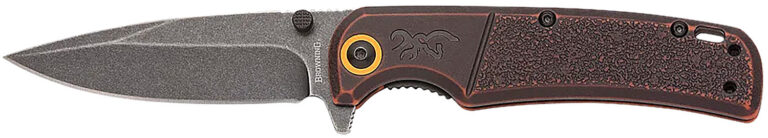 Browning 003220581 Buckmark  EDC Slim 3.13″ Folding Drop Point Plain Black Stonewashed D2 Steel Blade, Bronze Stonewashed Polymer Handle