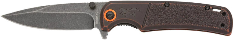 Browning 3220581B Buckmark  EDC Slim 3.13″ Folding Drop Point Plain Black Stonewashed D2 Steel Blade, Bronze Stonewashed Polymer Handle, Box Packaging