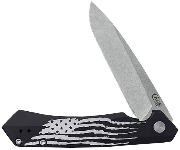 Case 10857 Kinzua Folding Spear Point Plain Stonewashed S35VN SS Blade, Black Anodized w/US Flag Aluminum Handle Case 10857 Kinzua Folding Spear Point Plain Stonewashed S35VN SS Blade, Black Anodized w/US Flag Aluminum Handle