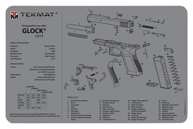 TekMat TEKR17GLOCKG4GY Glock Gen 4 Cleaning Mat Gray Rubber 11″x17″ Glock Gen 4 Parts Diagram TekMat TEKR17GLOCKG4GY Glock Gen 4 Cleaning Mat Gray Rubber 11″x17″ Glock Gen 4 Parts Diagram