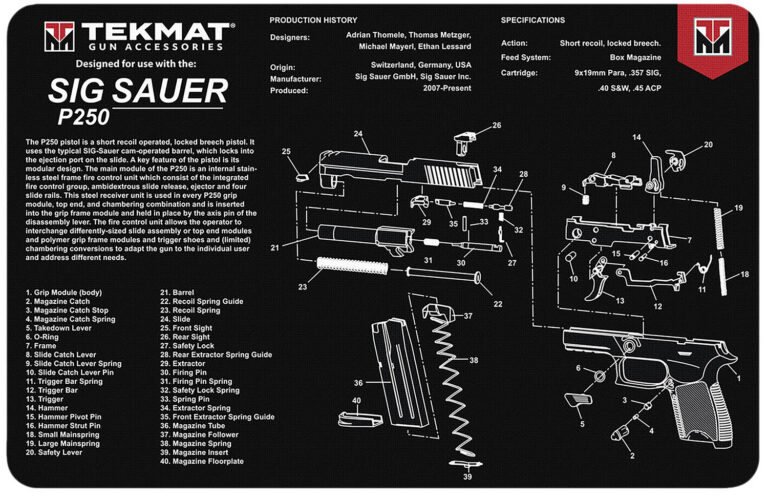 TekMat TEKR17SIGP250 Sig Sauer P250 Cleaning Mat Black/White Rubber 11″x17″ Sig Sauer P250 Parts Diagram