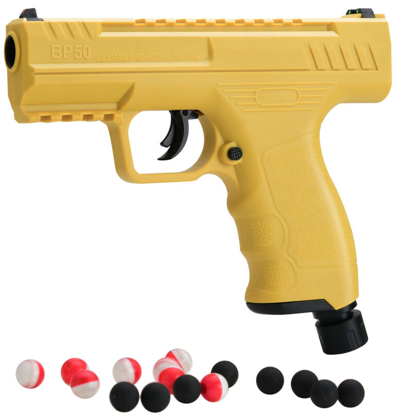 Beeman 6055 Projectile Launcher Yellow CO2 50 Cal, 8 Pepper Balls, 8 Steel Balls Beeman 6055 Projectile Launcher Yellow CO2 50 Cal, 8 Pepper Balls, 8 Steel Balls
