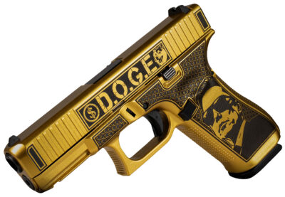 Glock PA455S204NDGE G45 Gen5 9mm Luger 17+1 4.02″ Black GMB Barrel, Glamour Glock Gold Cerakote Serrated Steel Slide w/D.O.G.E., Glamour Glock Gold Cerakote Polymer Frame w/Trump & Elon