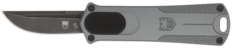 CobraTec Knives CALI952GRYDNS California 952 *CA Compliant 1.75″ OTF Drop Point Plain Black Stonewashed D2 Steel Blade, 3″ Gray Anodized Aluminum Handle