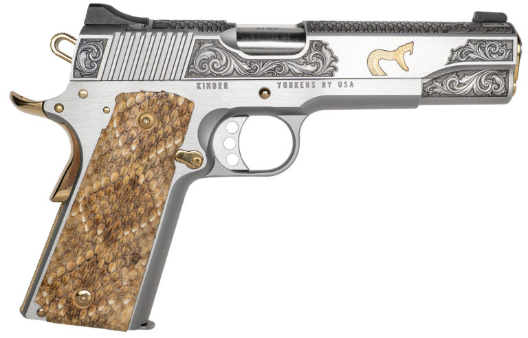 Cnc Firearms CNCRATTLER Kimber 1911 Rattler Sports South Exclusive 45 ACP Stainless Barrel, Stainless w/Gold Plating Steel Engraved/Serrated Slide & Frame w/Beavertail, Genuine Snakeskin Grip Cnc Firearms CNCRATTLER Kimber 1911 Rattler Sports South Exclusive 45 ACP Stainless Barrel, Stainless w/Gold Plating Steel Engraved/Serrated Slide & Frame w/Beavertail, Genuine Snakeskin Grip