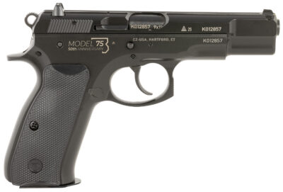 CZ-USA 91106 75B 50th Anniversary 9mm Luger 16+1 4.60″ Steel Barrel, Black Serrated Steel Slide Engraved w/50th Anniversary, Black Polycoat Steel Frame w/Beavertail, Black Plastic Grip