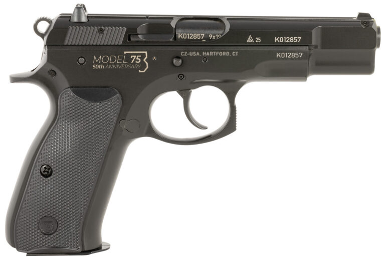 CZ-USA 91106 75B 50th Anniversary 9mm Luger 16+1 4.60″ Steel Barrel, Black Serrated Steel Slide Engraved w/50th Anniversary, Black Polycoat Steel Frame w/Beavertail, Black Plastic Grip