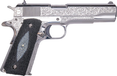 Cnc Firearms CNCTUX38 Colt 1911 Tuxedo 38 Super 9+1 5″ Stainless Steel Barrel, High Polished w/Black DLC Engraving Stainless Steel Serrated Slide & Frame, Stingray Grip