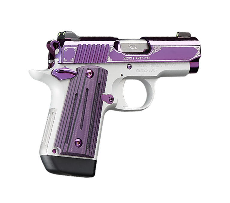 Kimber Mfg, Inc 3300214 Micro 9  9mm Luger 7+1 3.15″ Stainless Ramped Steel Barrel, Purple PVD w/Border Engraving Stainless Steel Serrated Slide, Kimpro II Silver Aluminum Frame, Black/Purple G10 Grip