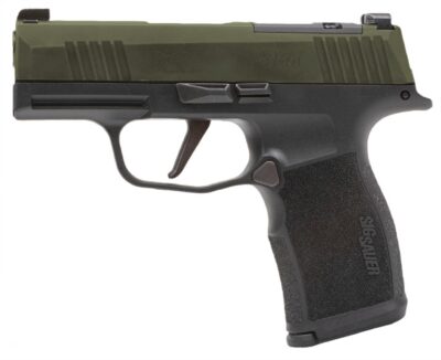 Sig Sauer 3659GXR3P P365  Micro-Compact 9mm Luger 10+1 3.10″ Black Barrel, Moss Green Stainless Steel Optic Ready/Serrated Slide, Black Alloy Frame w/Accessory Rail, Textured Grip, RMSc Footprint