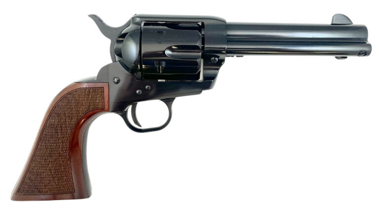 Taylors & Company 200107 1873 Pietta 9mm Luger 6 Shot 4.75″ Blued Round Barrel, Blued Cylinder & Steel Frame, Walnut Checkered Army Style Grip, Manual Safety, Exposed Hammer