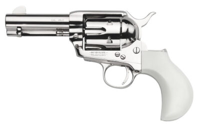 Taylors & Company 200111 1873 Flat Top Pietta 9mm Luger 6 Shot 3.50″ Nickel Round Barrel, Cylinder & Steel Frame, PVC White Flat Birdshead Grip, Exposed Hammer