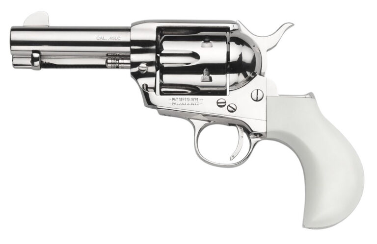 Taylors & Company 200111 1873 Flat Top Pietta 9mm Luger 6 Shot 3.50″ Nickel Round Barrel, Cylinder & Steel Frame, PVC White Flat Birdshead Grip, Exposed Hammer