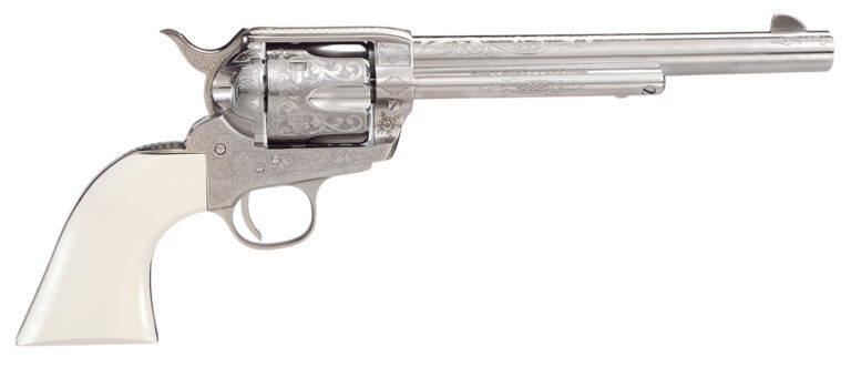 Taylors & Company 1873 Outlaw Legacy Pietta 45 Colt (Long Colt) 6 Shot 7.50″ Nickel Engraved Round Barrel, Cylinder & Steel Frame, White PVC Navy Grip, Manual Safety, Exposed Hammer Taylors & Company 1873 Outlaw Legacy Pietta 45 Colt (Long Colt) 6 Shot 7.50″ Nickel Engraved Round Barrel, Cylinder & Steel Frame, White PVC Navy Grip, Manual Safety, Exposed Hammer