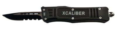 Xcaliber Knife Company  380 ACP  Small 2.75″ OTF Part Serrated Black 440C SS Blade, 3.91″ Steel Handle