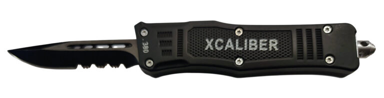 Xcaliber Knife Company 380 ACP Small 2.75″ OTF Part Serrated Black 440C SS Blade, 3.91″ Steel Handle Xcaliber Knife Company 380 ACP Small 2.75″ OTF Part Serrated Black 440C SS Blade, 3.91″ Steel Handle