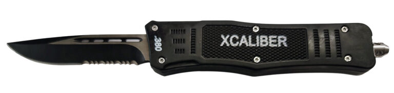 Xcaliber Knife Company 380 ACP Medium 3.25″ OTF Part Serrated Black 440C SS Blade, 4.64″ Steel Handle Xcaliber Knife Company 380 ACP Medium 3.25″ OTF Part Serrated Black 440C SS Blade, 4.64″ Steel Handle