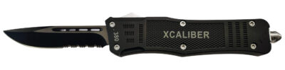 Xcaliber Knife Company  380 ACP  Large 3.80″ OTF Part Serrated Black 440C SS Blade, 5.30″ Steel Handle