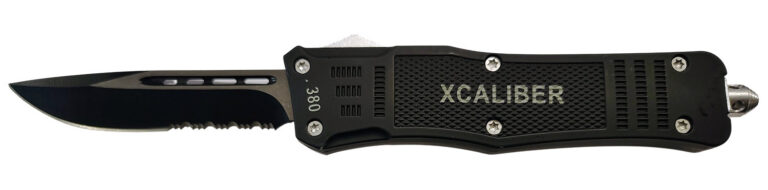 Xcaliber Knife Company 380 ACP Large 3.80″ OTF Part Serrated Black 440C SS Blade, 5.30″ Steel Handle Xcaliber Knife Company 380 ACP Large 3.80″ OTF Part Serrated Black 440C SS Blade, 5.30″ Steel Handle