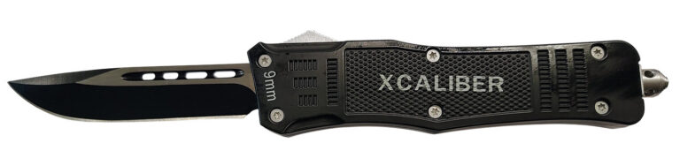 Xcaliber Knife Company 9mm Large 3.80″ OTF Drop Point Black 440C SS Blade, 5.30″ Steel Handle Xcaliber Knife Company 9mm Large 3.80″ OTF Drop Point Black 440C SS Blade, 5.30″ Steel Handle