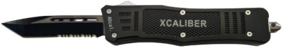 Xcaliber Knife Company  40 Cal  Medium 3.25″ OTF Tanto Part Serrated 440C SS Blade, 4.64″ Steel Handle