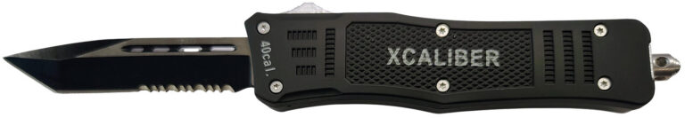 Xcaliber Knife Company 40 Cal Medium 3.25″ OTF Tanto Part Serrated 440C SS Blade, 4.64″ Steel Handle Xcaliber Knife Company 40 Cal Medium 3.25″ OTF Tanto Part Serrated 440C SS Blade, 4.64″ Steel Handle