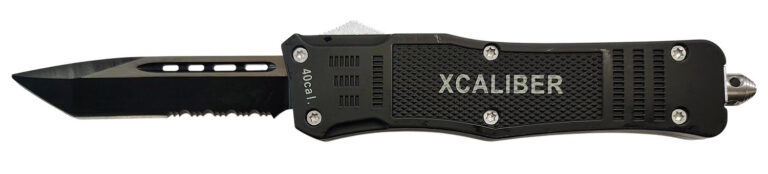 Xcaliber Knife Company 40 Cal Large 3.80″ OTF Tanto Part Serrated Black 440C SS Blade, 5.30″ Steel Handle Xcaliber Knife Company 40 Cal Large 3.80″ OTF Tanto Part Serrated Black 440C SS Blade, 5.30″ Steel Handle