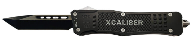 Xcaliber Knife Company 45 ACP Large 3.80″ OTF Tanto Plain Black 440C SS Blade, 5.30″ Steel Handle Xcaliber Knife Company 45 ACP Large 3.80″ OTF Tanto Plain Black 440C SS Blade, 5.30″ Steel Handle