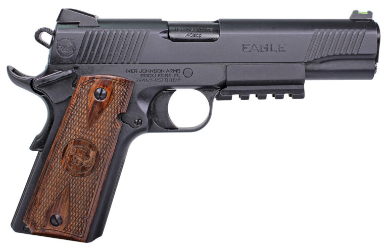 Iver Johnson Arms EAGLELRG2 Eagle Gen2 LR Government 45 ACP 8+1 5″ Overall Black QPQ Crowned Barrel, Steel Serrated Slide & Frame w/Beavertail, Dymondwood Engraved w/Logo Grip Iver Johnson Arms EAGLELRG2 Eagle Gen2 LR Government 45 ACP 8+1 5″ Overall Black QPQ Crowned Barrel, Steel Serrated Slide & Frame w/Beavertail, Dymondwood Engraved w/Logo Grip