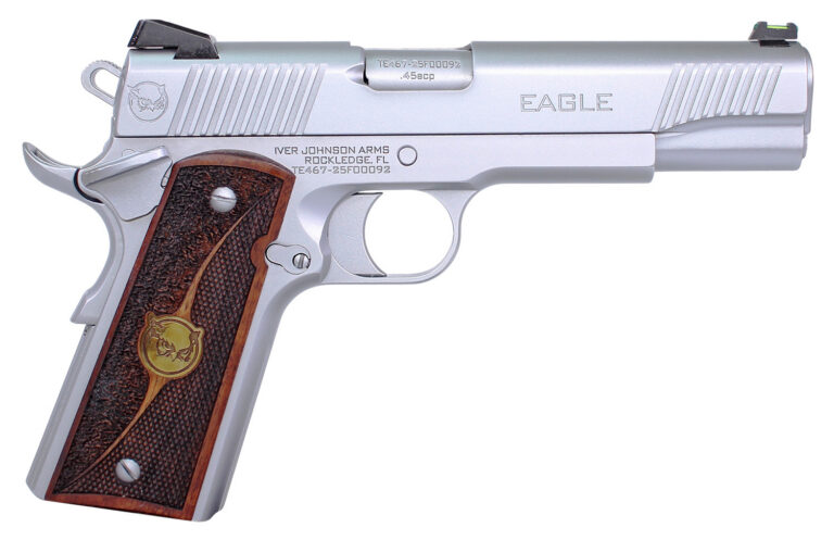 Iver Johnson Arms EAGLEHC Eagle Gen2 HC Government Frame 45 ACP 8+1 5″ Overall Satin Hard Chrome Crowned Barrel, Serrated Steel Slide & Frame w/Beavertail, Textured Walnut w/Brass Logo Medallion Grip Iver Johnson Arms EAGLEHC Eagle Gen2 HC Government Frame 45 ACP 8+1 5″ Overall Satin Hard Chrome Crowned Barrel, Serrated Steel Slide & Frame w/Beavertail, Textured Walnut w/Brass Logo Medallion Grip