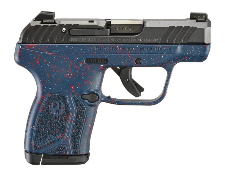 RUGER LCP MAX 380ACP 2.8IN BARREL 10RD BLACK 250TH YR ANNIV ENG ON SLIDE GRIP BLUE W/ RED AND WH SPLATTER 13778