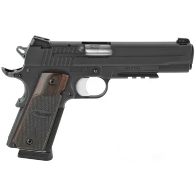Sig Sauer 1911R45BSSCA 1911 *CA Compliant Full Size Frame 45 ACP 8+1, 5″ Stainless Carbon Steel Barrel, Black Nitron Serrated Stainless Steel Slide, Black Nitron Stainless Steel Frame w/Beavertail & Picatinny Rail, Rosewood Grip Grip Safety